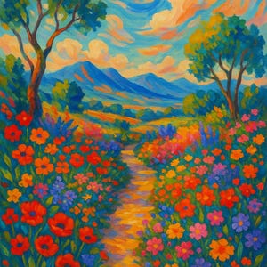 Colorful Floral Path Art Print – Vibrant Impressionist Landscape Poster – Digital Download for Home or Office Decor