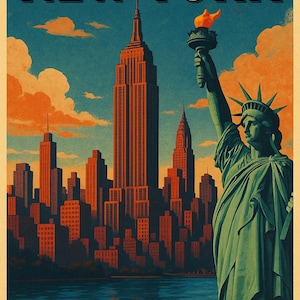 Vintage New York City Poster - Retro NYC Travel Wall Art - Statue of Liberty & Empire State Building Print