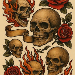 Traditional Skull & Flame Tattoo Flash Sheet – High Resolution Digital Download for Tattoo or Poster Art
