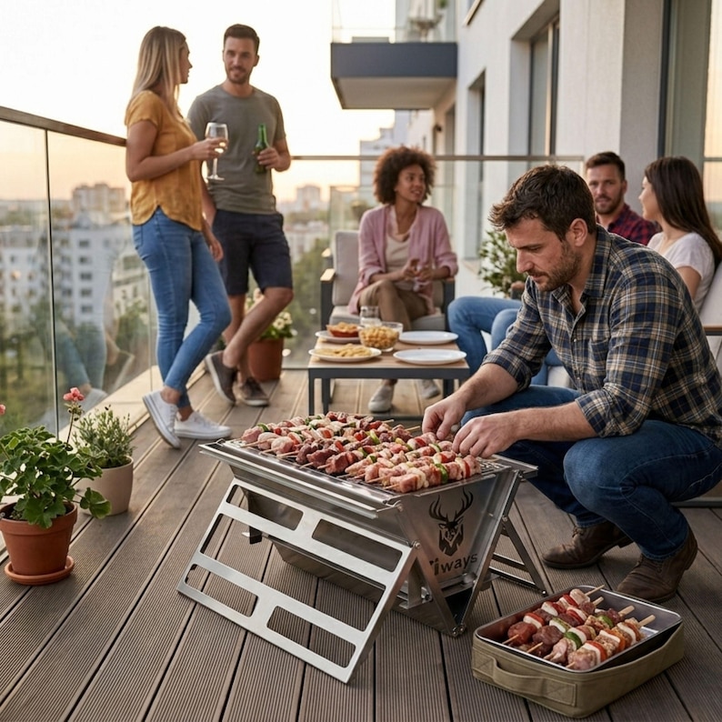 Nowoczesny grill ze stali nierdzewnej 304, palenisko do ogrodu i balkonu, grubość 2 mm, wytrzymały, do gotowania na świeżym powietrzu, z plandeką Fiways Atlas zdjęcie 14