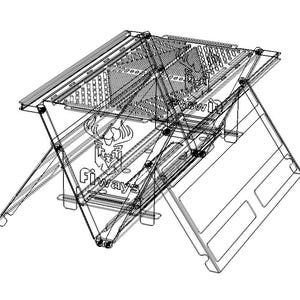 Technical drawing of Atlas garden grill: 2mm marine grade stainless steel, precision engineering for high heat resistance, durable balcony fire pit specifications.