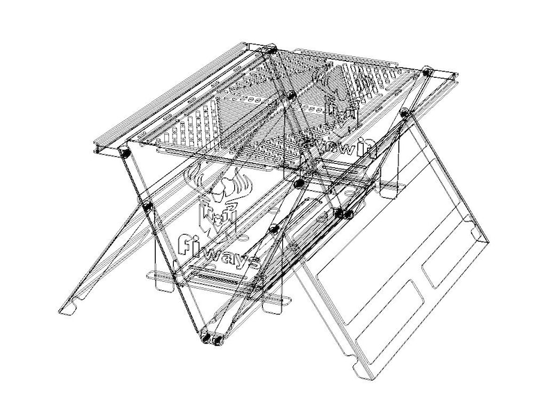 Technical drawing of Atlas garden grill: 2mm marine grade stainless steel, precision engineering for high heat resistance, durable balcony fire pit specifications.