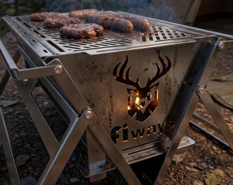 Ultra Heavy Duty 304 Stainless Steel Fire Pit 2mm Collapsible Overlanding Grill with Truck Tarp Carry Bag Vanlife Gear Fiways Atlas