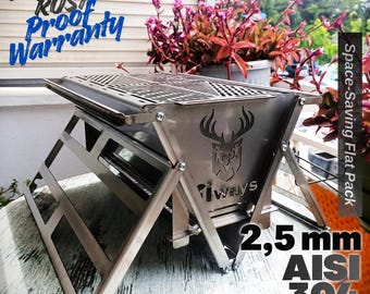 May include: A stainless steel portable grill featuring a laser-cut deer head logo and the text "iways". The structure is made of 2.5 mm AISI 304 stainless steel, designed as a space-saving flat pack unit with a top grate and angled legs.