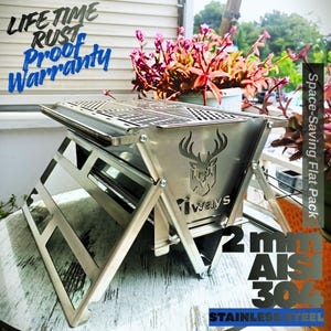 Modern 2mm AISI 304 stainless steel balcony grill with lifetime rust-proof warranty, engineer designed minimalist garden fire pit, space-saving flat pack BBQ for luxury patios.