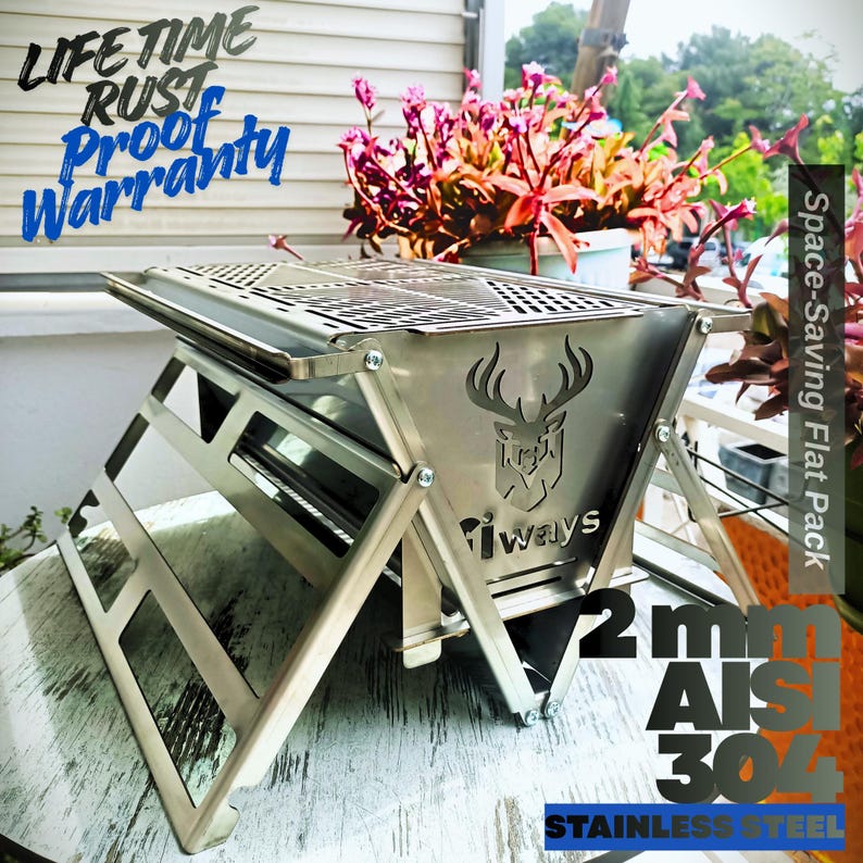 Modern 2mm AISI 304 stainless steel balcony grill with lifetime rust-proof warranty, engineer designed minimalist garden fire pit, space-saving flat pack BBQ for luxury patios.