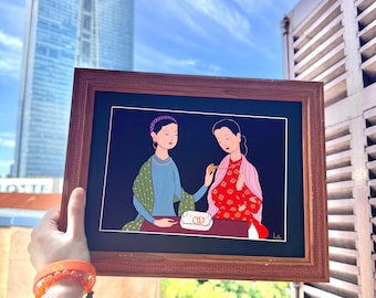 Vietnamees nieuwjaarsschilderij | Handgeschilderde Vietnamese Áo Dài Art | Ingelijst kunstwerk | Certificaat van echtheid | Handgemaakt in Vietnam