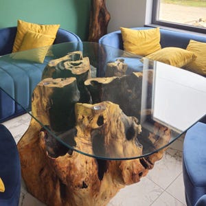May include: A unique coffee table with a clear glass top supported by a natural wood base. The base is made from a large, intricately shaped piece of wood. The table is surrounded by blue velvet sofas with yellow throw pillows, creating a modern living room setting.