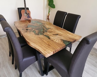 Walnut Epoxy River Dining Table – Live Edge Solid Wood, Green Resin, Modern Rustic Furniture