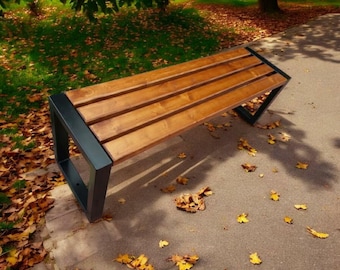 Solid Wood Steel Frame Outdoor Bench, Modern Industrial Garden Patio Furniture