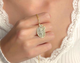 14K Gold Anatomical Heart Pendant Necklace, Real Human Heart Necklace, Pendant Necklace