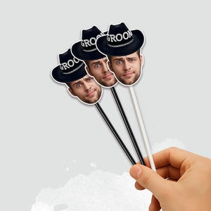 Custom Groom Face Stirrers – Photo Swizzle Sticks with Cowboy Hat, Funny Bachelorette and Bridal Shower Bar Decor