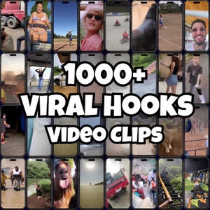 Può includere: Un collage di schermi di smartphone che mostrano vari video clip. L'immagine centrale presenta il testo "1000+ VIRAL HOOKS VIDEO CLIPS" in lettere bianche in grassetto. Gli schermi circostanti mostrano diverse scene, tra cui persone, animali e attività all'aperto.