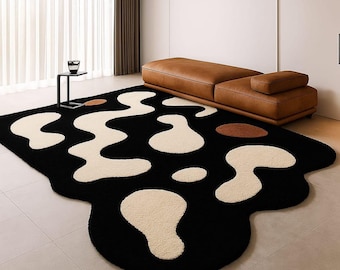 Alfombra abstracta en blanco y negro, alfombra de forma orgánica, alfombra moderna irregular, alfombra minimalista para sala de estar, alfombra de lujo para decoración del hogar contemporánea.