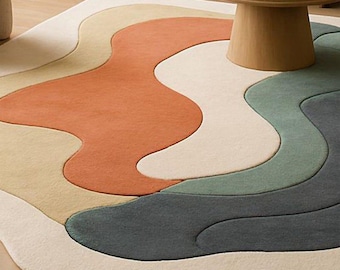 Abstract Tufted Area Rug,Modern Organic Shape Rug,Handmade Wool Carpet,Neutral Living Room Rug,Contemporary Decor Minimalist home decor rug.