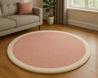 Round Area Rug, Pink Round Rug, Greek Key Rug, Meander Border Rug