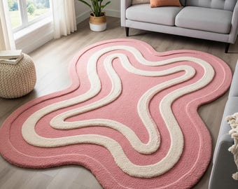 Pink Wavy Tufted Rug,Abstract Irregular Area Carpet,Modern Girls Room Rug,Aesthetic Living Room Bedroom Decor Handmade Minimalist Home Rugs.