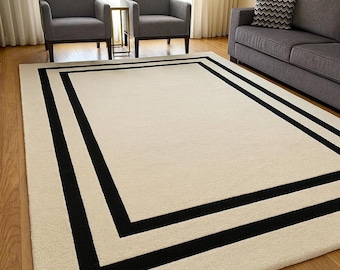 Tapete moderno tufado à mão, tapete minimalista com borda preta, tapete neutro para sala de estar, tapete de lã artesanal para decoração contemporânea de casa, tapete de luxo.