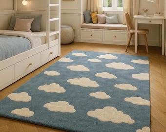 Cloud Nursery Rug,Kids Room Area Rug,Blue Sky Cloud Carpet,Baby Boy Nursery Decor,Playroom Rug,Soft Kids Carpet, Modern Nursery Living Rugs.