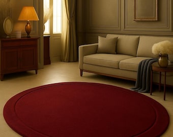 Round Burgundy Wool Area Rug, Solid Red Circle Carpet, Modern Minimalist Rug, Living Room Bedroom Home Decor Contemporary Luxury Floor Rugs.