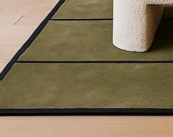 Olive Green Minimalist Wool Area Rug,Modern Geometric Border Carpet,Contemporary Living Room Bedroom Home Decor Luxury Floor Aesthetic Rugs.