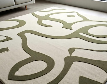 Olive Green Abstract Wool Rug,Modern Hand Tufted Area Rug,Contemporary Minimalist Carpet For Living Room Bedroom Artistic Luxury Home Rugs.