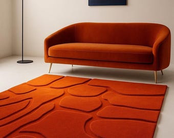 Burnt Orange Abstract Tufted Rug,Modern Geometric Area Rug,Handmade Living Room Carpet,Contemporary Floor Decor Minimalist Bedroom Home Rug.