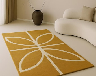 Mustard Yellow Modern Rug,Minimalist Floral Area Rug,Scandinavian Tufted Carpet,Geometric Living Room Rug,Contemporary Floor Handmade Carpet