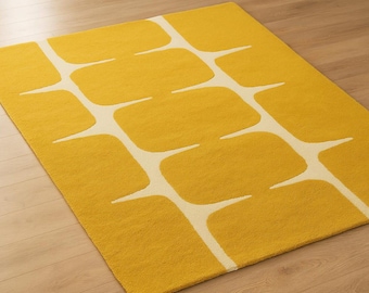 Handmade Yellow Geometric Rug, Modern Mustard Area Rug, Contemporary Living Room Carpet, Abstract Wool Floor Decor Minimalist Luxury Carpet.