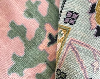 Hand Knotted Oushak Wool Rug, Pink Blue Oversize Rug Living Room Bedroom Carpet Handknotted Oushak Rug Minimalist Turkish Rug Oriental Rugs.