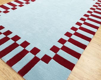 Modern Geometric Area Rug, Red Light Blue Abstract Rug, Contemporary Living Room Bedroom Carpet, Minimalist Home Decor Handmade Wool Carpet.