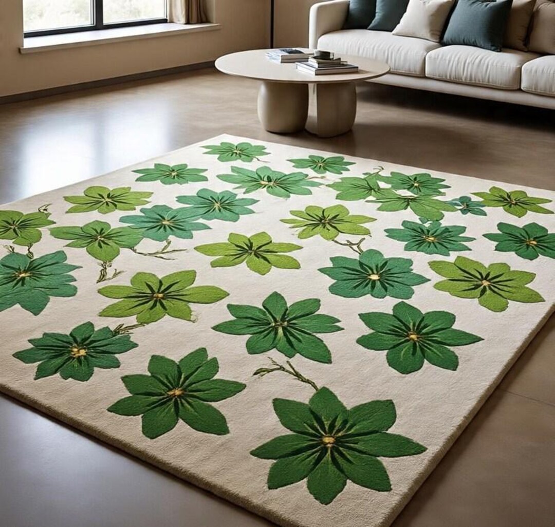 Modern Botanical Green Floral Area Rug Handmade Neutral Inspired Leaf ...