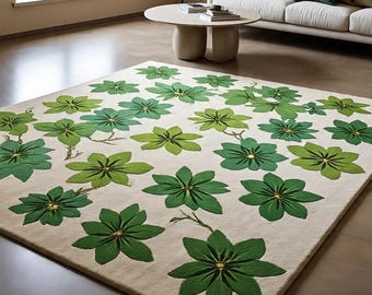 Green Floral Tufted Rug,Handmade Botanical Area Rug,Modern Flower Carpet,Aesthetic Living Room Decor Rug Modern Abstract Floral Bedroom Rug.