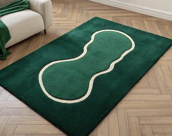 Groen modern vloerkleed, abstract geometrisch tapijt, minimalistisch woonkamertapijt, moderne slaapkamer vloerdecor handgemaakt interieur tapijt vloerkleden.