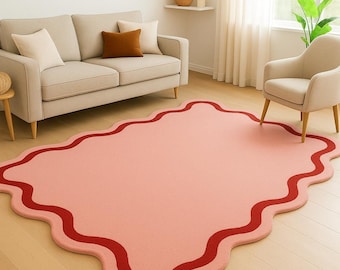 Pink Scalloped Area Rug,Wavy Irregular Wool Rug,Modern Minimalist Home Decor Carpet,Contemporary Living Room Bedroom Rug, Luxury Floor Rugs.