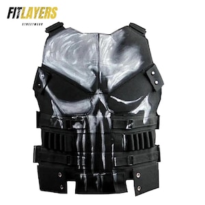 Punisher-Inspired Tactical Leather Vest | Skull Armor Cosplay Costume | Comic Book Hero Outfit | Men&#39;s Biker Vest | Halloween | Gift For Him