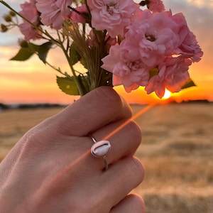 Könnte beinhalten: Ein silberner Ring mit einer kleinen, ovalen, weißen Kaurimuschel, die horizontal auf einem dünnen Metallband sitzt. Der Ring ist vor einem Sonnenuntergang über einem Feld positioniert, wobei ein Strauß hellrosa Blumen in der Nähe gehalten wird.