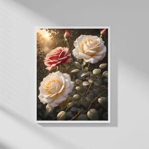 Modern Botanical Wall Art Print | Red and White Roses | Digital Download | Minimalist Printable Decor