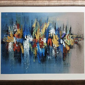 Abstract Cityscape Oil Painting: Modern Urban Reflection Art, 36x23&quot;