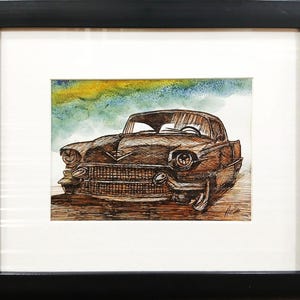 Vintage Auto Skizze: Handgezeichnete Tusche & Aquarell (5x7&quot; Druck)