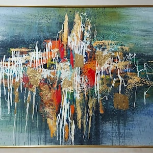 Large abstract wall art, Modern living room decor, Teal gold wall decor, Original canvas art, Living room wall decor, Hand made painting