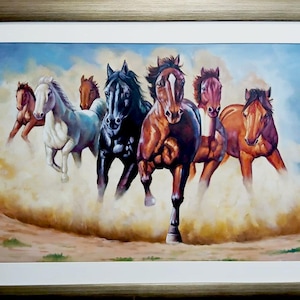 Zeven rennende paarden schilderen op canvas, paardenschilderij, handgemaakt dierenschilderij, paardenolieverfschilderij, succes- en voorspoedkunst