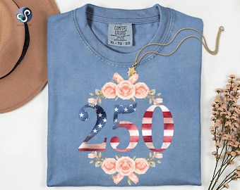 Comfort Colors® USA 250th Anniversary, Patriotic Tee, Floral American Flag 250 Shirt, Fourth of July 1776–2026