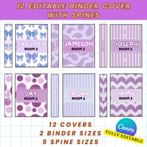 May include: A set of 12 editable binder covers with spines, featuring various designs in shades of purple and white. Designs include bows, paisley, stripes, polka dots, and wavy patterns. Each cover has a name and "ROOM 2" text. The image also includes the text "Canva Fully Editable."