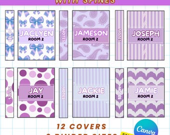 May include: A set of 12 editable binder covers with spines, featuring various designs in shades of purple and white. Designs include bows, paisley, stripes, polka dots, and wavy patterns. Each cover has a name and "ROOM 2" text. The image also includes the text "Canva Fully Editable."