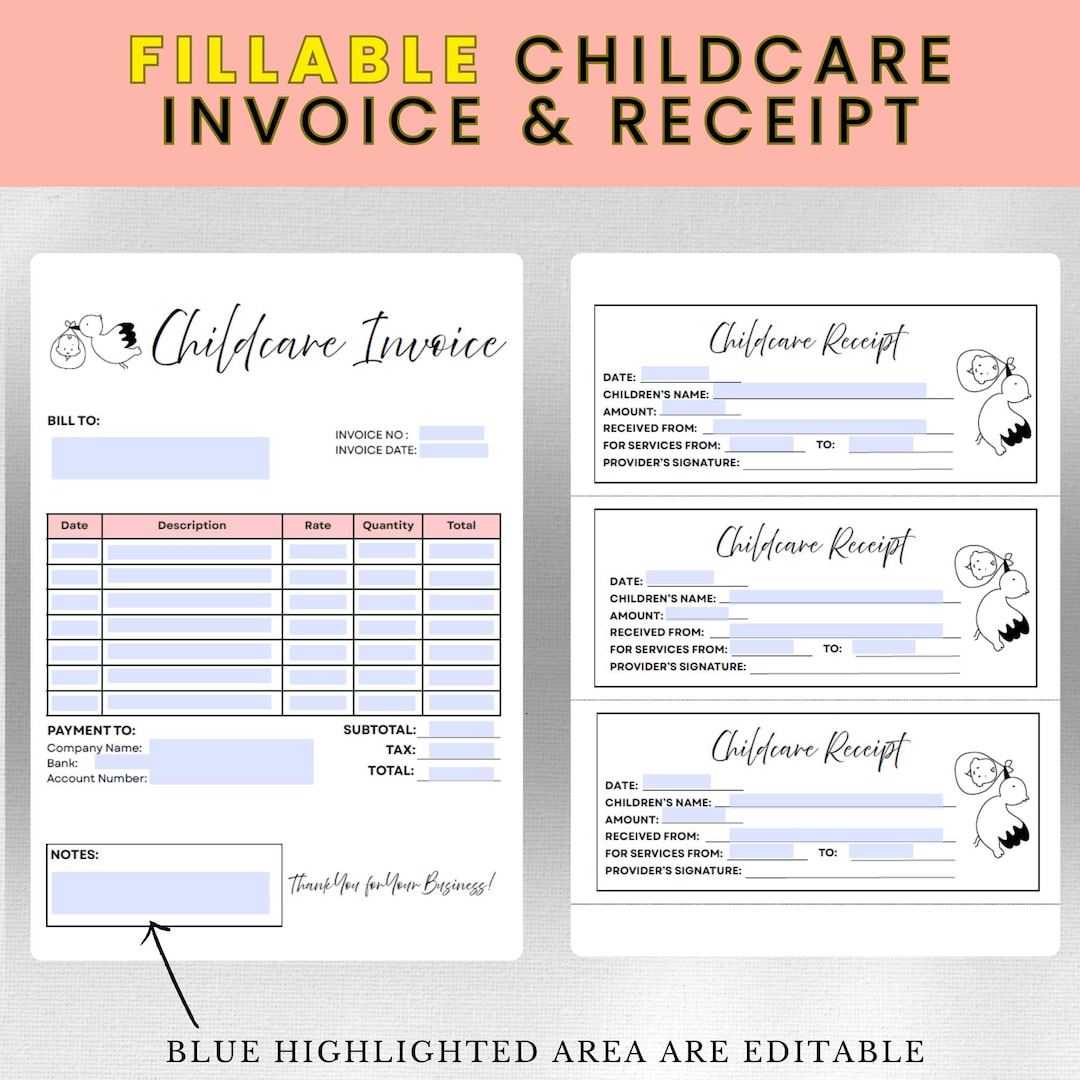 Childcare Invoice Receipt, Editable Fillable PDF, Nanny Payment Form ...