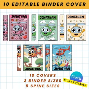 May include: A collection of 10 editable binder covers featuring cartoon helicopters in various colors. Each cover is labeled "JONATHAN" and includes decorative elements like hearts, stars, and clouds. The design is fully editable.