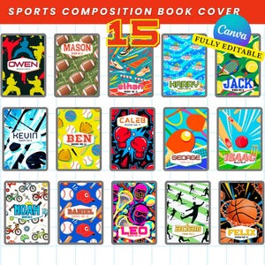 Peut inclure: Une collection de couvertures de cahiers de composition sur le thème du sport. Chaque couverture présente un sport différent, notamment le football américain, le baseball, la boxe et le basket-ball. Les couvertures sont personnalisées avec des noms et des numéros de chambre.