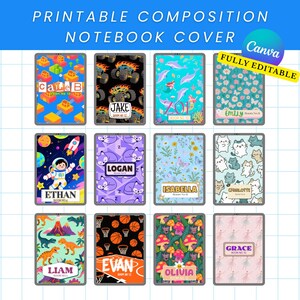 Può includere: Una collezione di copertine di quaderni di composizione stampabili con vari disegni. I disegni includono blocchi colorati, monster truck, delfini, fiori, un astronauta, volpi, gatti, dinosauri, palloni da basket, funghi e ballerine. Ogni copertina ha un nome.