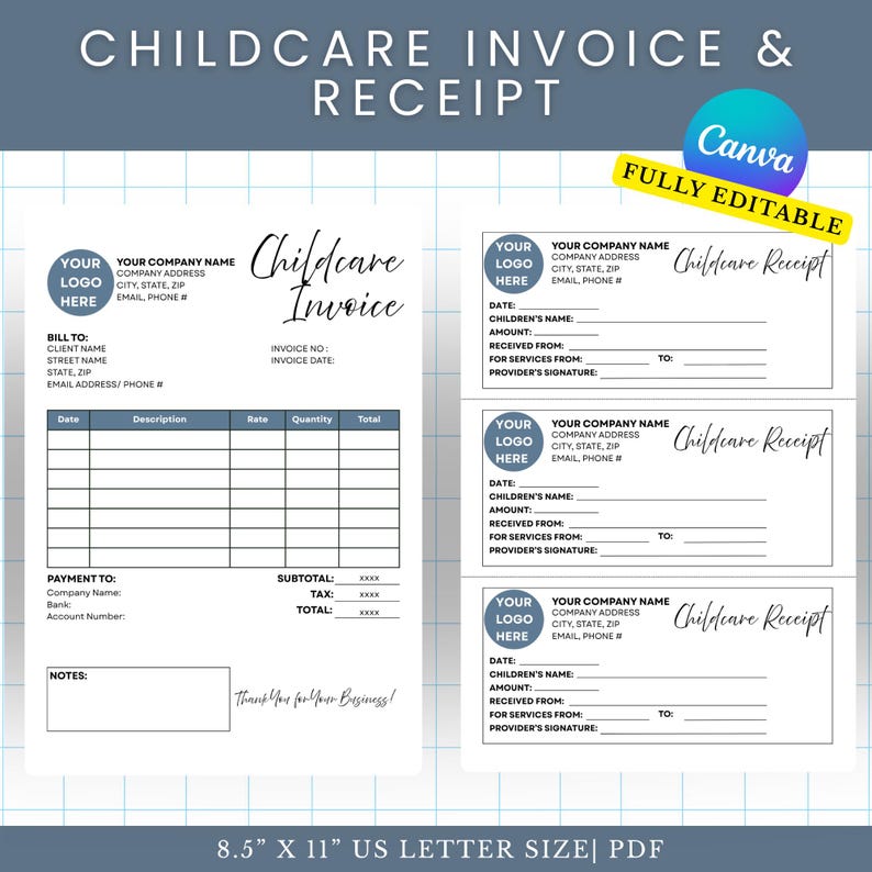 Childcare Invoice & Receipt Template | US Letter Editable Canva ...